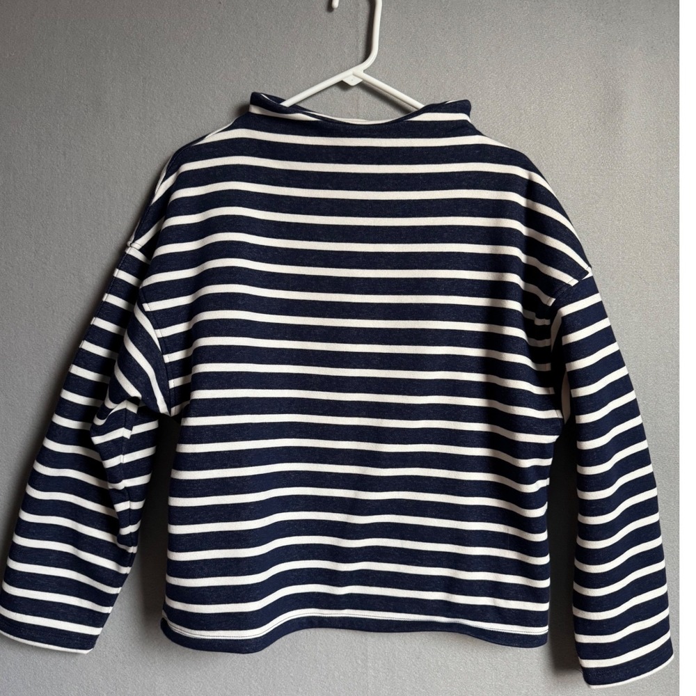 J.Crew Sweatshirt Womens M Navy Blue White Striped Mock Neck Fleece Lined Boxy - Picture 1 of 8